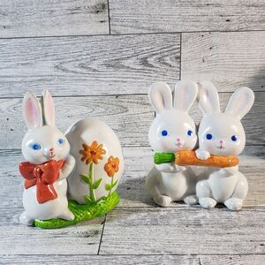 Vintage Set Of 2 Bunny Rabbit Figurines EASTER Handmade Japan Hand Painted 3.75"